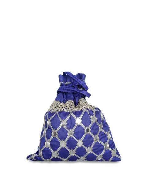 

TJORI Blue & Silver-Toned Textured Potli