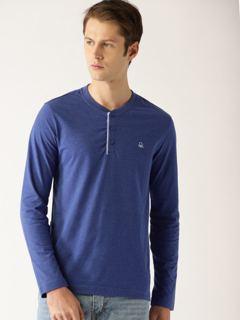 

United Colors of Benetton Men Blue Solid Henley Neck T-shirt