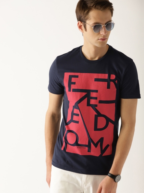 

United Colors of Benetton Men Navy Blue Printed Round Neck T-shirt