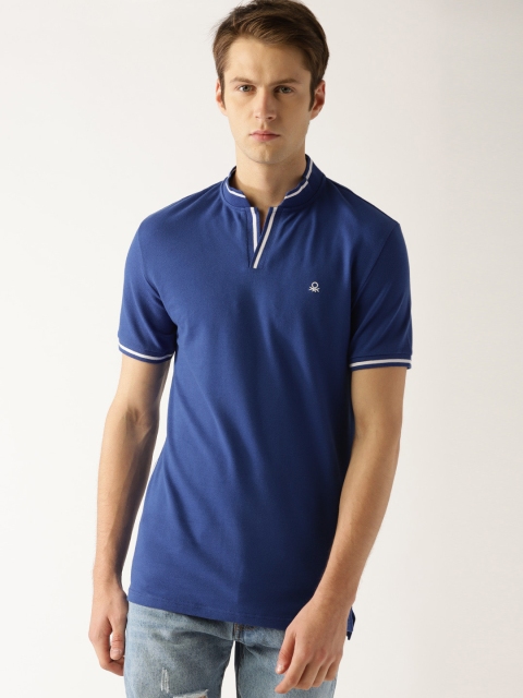 

United Colors of Benetton Men Blue Solid Stand Collar T-shirt