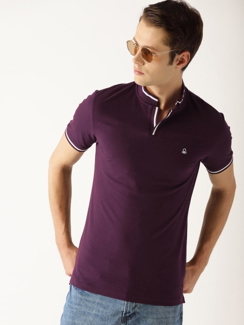 

United Colors of Benetton Men Purple Solid Stand Collar T-shirt