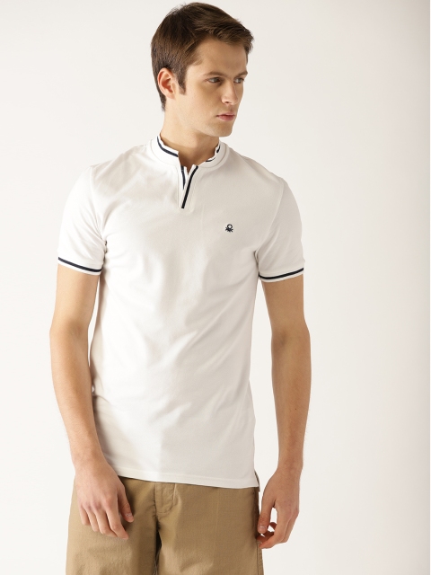 

United Colors of Benetton Men White Solid Stand Collar T-shirt