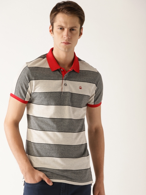 

United Colors of Benetton Men Off-White & Grey Striped Polo Collar T-shirt