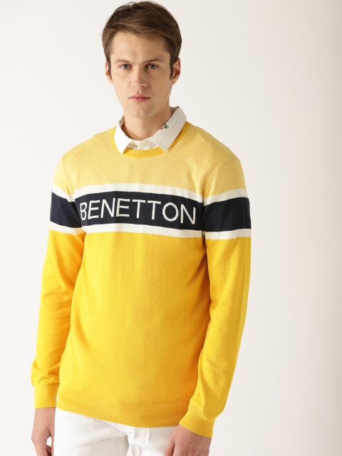 

United Colors of Benetton Men Yellow & Navy Blue Self Design Pullover
