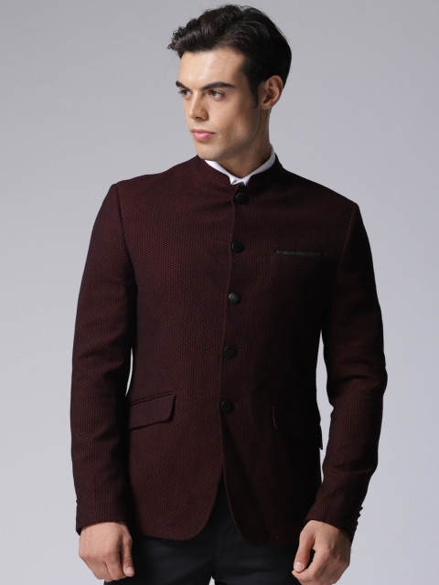 

True Blue Men Burgundy & Black Slim Fit Single-Breasted Patterned Ethnic Bandhgala Blazer