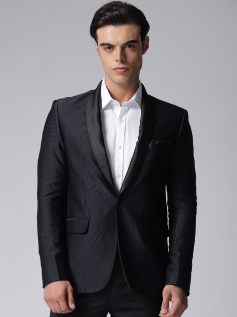 

True Blue Men Navy Blue Slim Fit Self-Design Single-Breasted Tuxedo