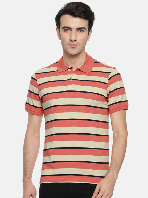 

Ruggers Men Coral Pink Cream-Coloured Striped Polo Collar Pure Cotton T-shirt
