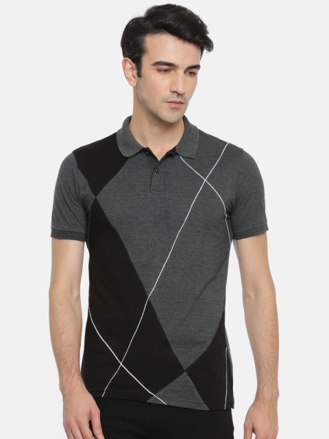 

Ruggers Men Charcoal Grey Colourblocked Polo Collar T-shirt