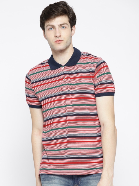 

Ruggers Men Red Navy Striped Polo Collar Pure Cotton T-shirt