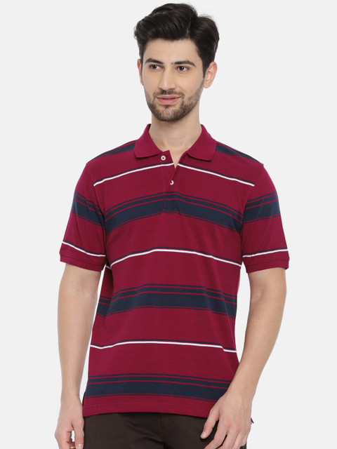 

Ruggers Men Maroon & Navy Striped Polo Collar T-shirt