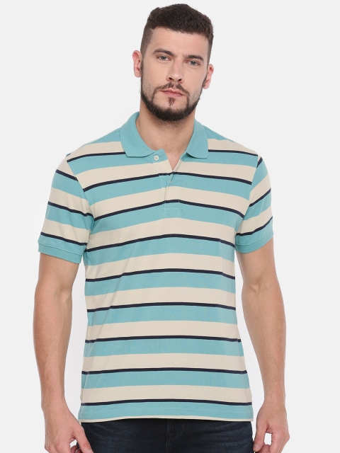 

Ruggers Men Green Beige Striped Polo Collar Pure Cotton T-shirt