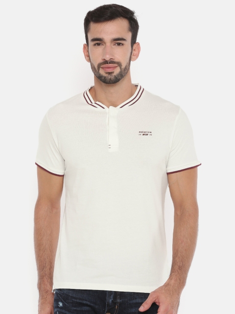 

Jack & Jones Men White Solid Mandarin Collar T-shirt