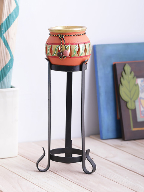 

VarEesha Orange Hand Painted Terracotta Tea Light Diya Lantern Lamp With Stand