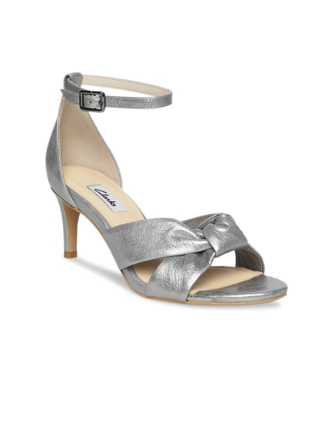 

Clarks Women Silver-Toned Solid Leather Heels
