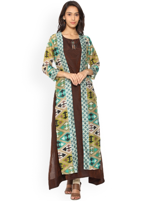 

Soch Women Brown & Green Printed A-Line Layered Kurta