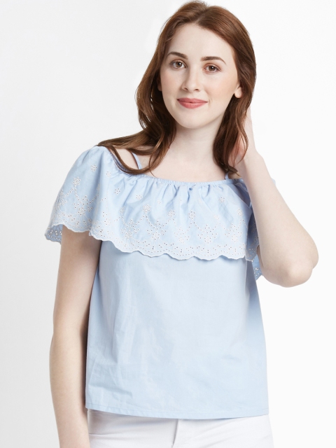 

Honey by Pantaloons Women Blue Self Design Bardot Pure Cotton Top