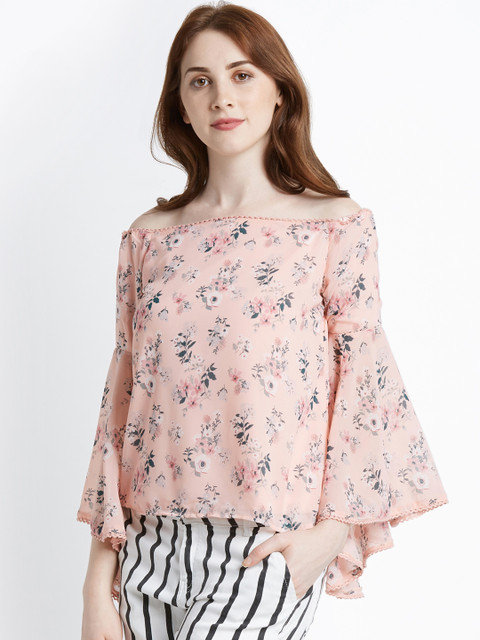 

Honey by Pantaloons Women Peach-Coloured Printed Bardot Top