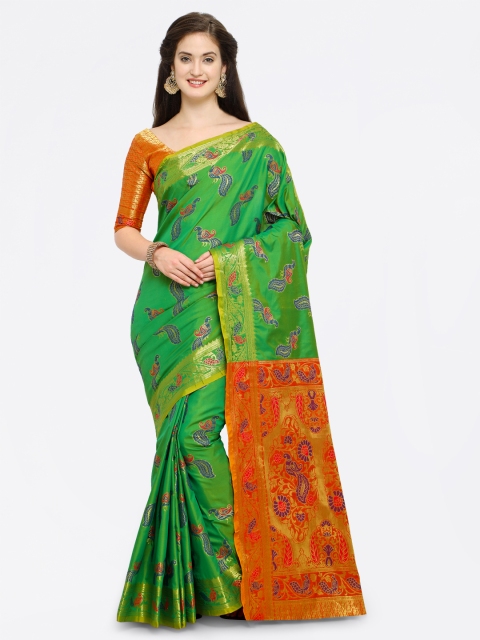 

Saree mall Green Silk Blend Woven Design Kanjeevaram Saree