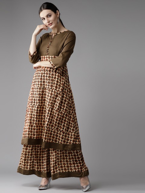 

HERE&NOW Women Olive Green & Beige Printed Kurta with Palazzos
