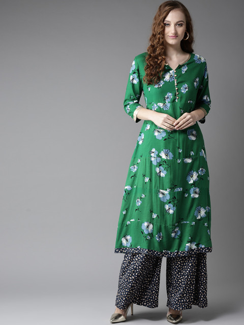 

HERE&NOW Women Green & Navy Blue Printed Kurta with Palazzos