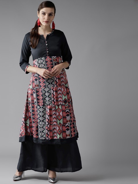 

HERE&NOW Women Navy Blue & Peach-Coloured Printed Kurta with Palazzos