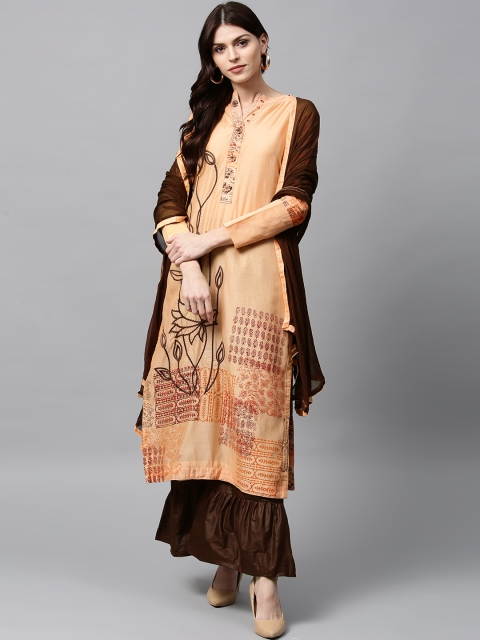 

Saree mall Peach-Coloured & Coffee Brown Unstitched Dress Material