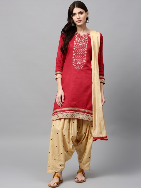 

Saree mall Maroon & Beige Embroidered Unstitched Dress Material