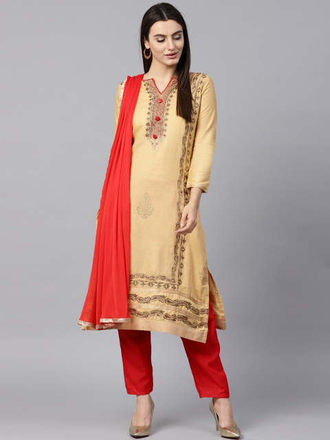 

Saree mall Beige & Red Unstitched Dress Material