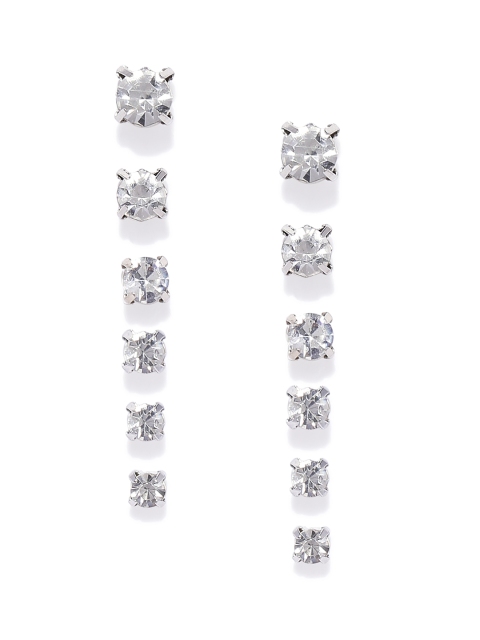 

OOMPH Women Silver Tone Set of 6 Cubic Zirconia Ear Stud Earrings