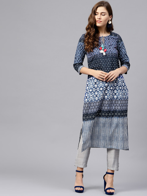 

Rain & Rainbow Women Blue & White Printed Straight Kurta