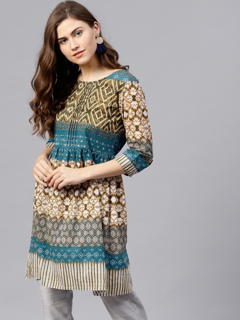 

Rain & Rainbow Women Teal Blue & Beige Printed A-Line Kurta