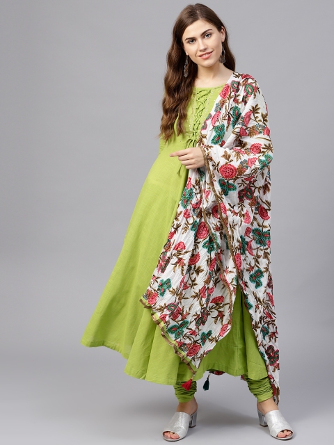 

Rain & Rainbow Women Green Solid Kurta with Churidar & Dupatta