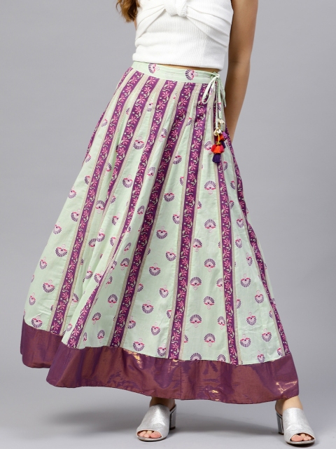 

Rain & Rainbow Women Green & Purple Printed Maxi Flared Pure Cotton Skirt