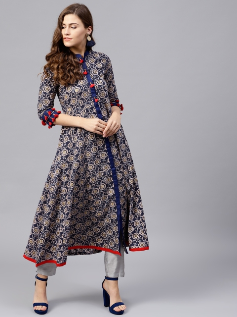 

Rain & Rainbow Women Navy Blue & Beige Printed A-Line Kurta