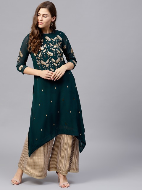 

Rain & Rainbow Women Green Yoke Design Straight Kurta