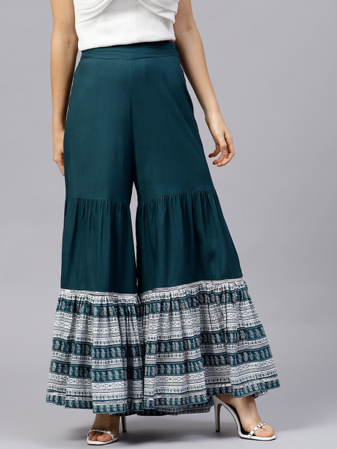 

Rain & Rainbow Women Teal & White Printed Flared Palazzos