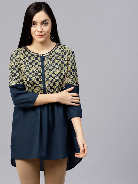 

Rain & Rainbow Women Navy Blue Printed A-Line Pure Cotton Top
