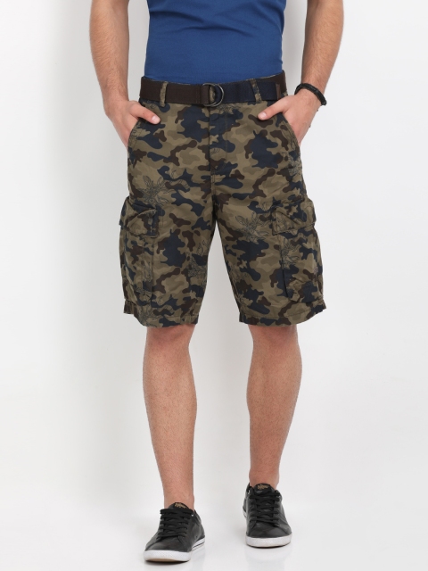 

t-base Men Olive Green Printed Regular Fit Cargo Shorts