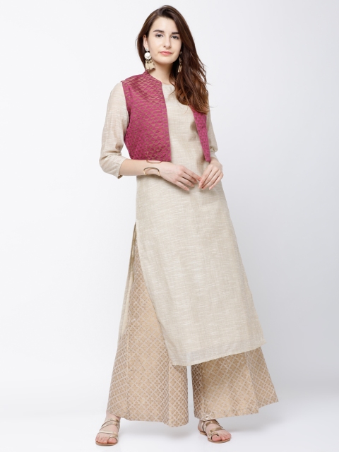 

Vishudh Women Beige & Pink Solid Straight Kurta