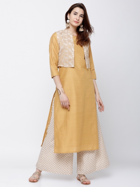 

Vishudh Women Cream-Coloured & Beige Solid Straight Kurta