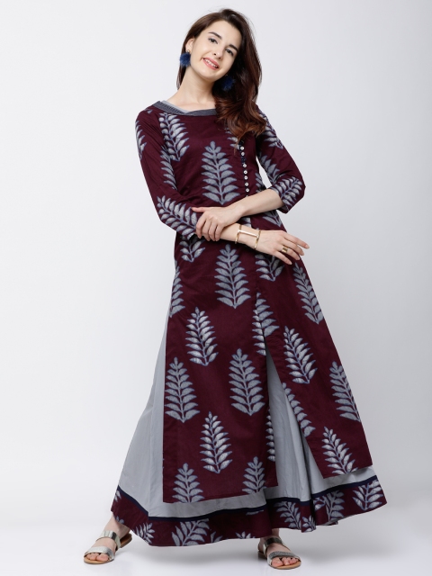 

Vishudh Women Burgundy Printed A-Line Dress