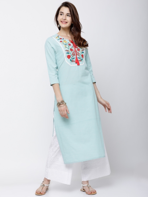 

Vishudh Women Sea Green & Green Embroidered Straight Kurta