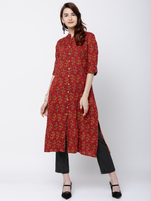 

Vishudh Women Maroon & Mustard Printed A-Line Kurta