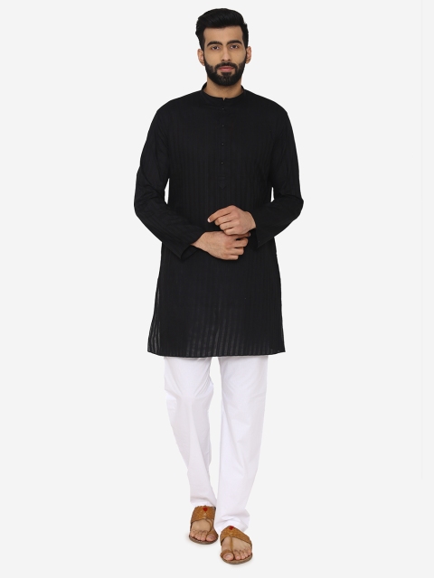 

Manyavar Men Black Self-Striped Straight Kurta