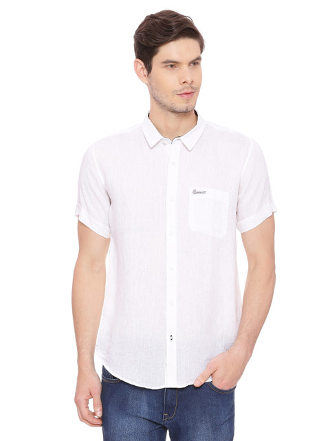 

Basics Men White Slim Fit Solid Linen Casual Shirt