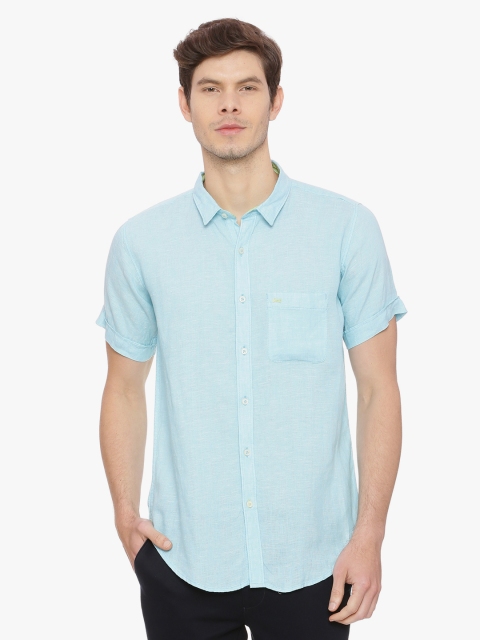 

Basics Men Blue Slim Fit Solid Linen Casual Shirt