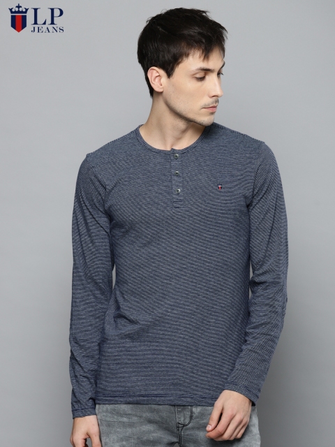 

Louis Philippe Jeans Men Navy & White Striped Henley Neck T-shirt, Navy blue