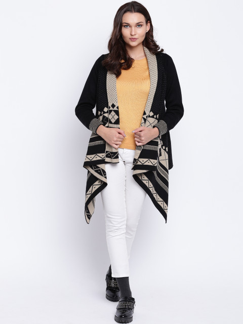 

Cayman Women Black & Beige Self Design Open Front Waterfall Sweater