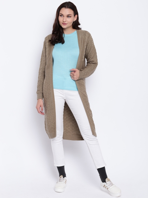 

Cayman Women Taupe Self Design Woollen Front-Open Longline Sweater