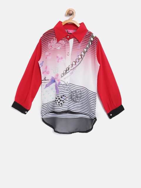 

Tiny Girl White & Red Regular Fit Sheer Printed Casual Shirt